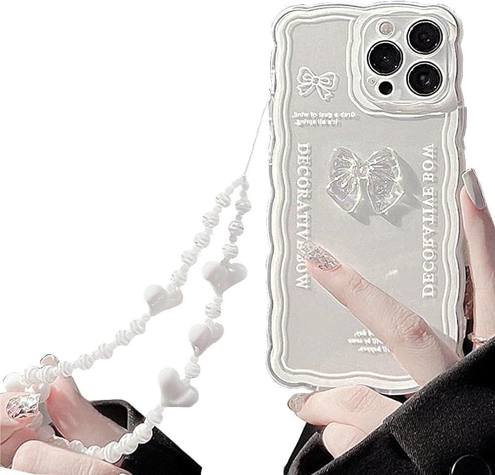 Casechics Funda compatible con iPhone, bonita pajarita de cristal 3D, forma de onda rizada con correa de pulsera de corazón, cadena, transparente,