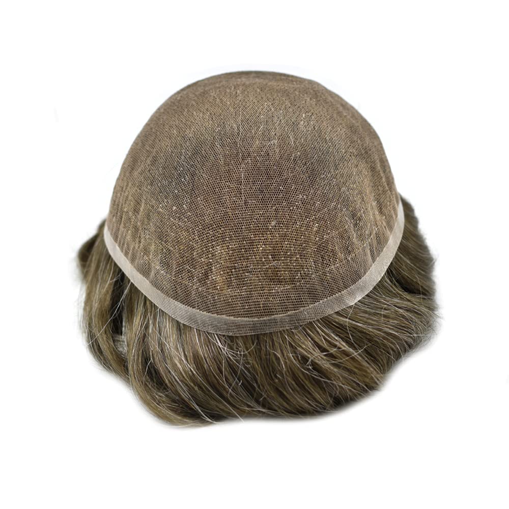 Pieza de pelo tipo tupé para hombres, encaje suizo suave, cabello humano real, tupé para hombres, unidades de cabello con nudo blanqueado, sistema