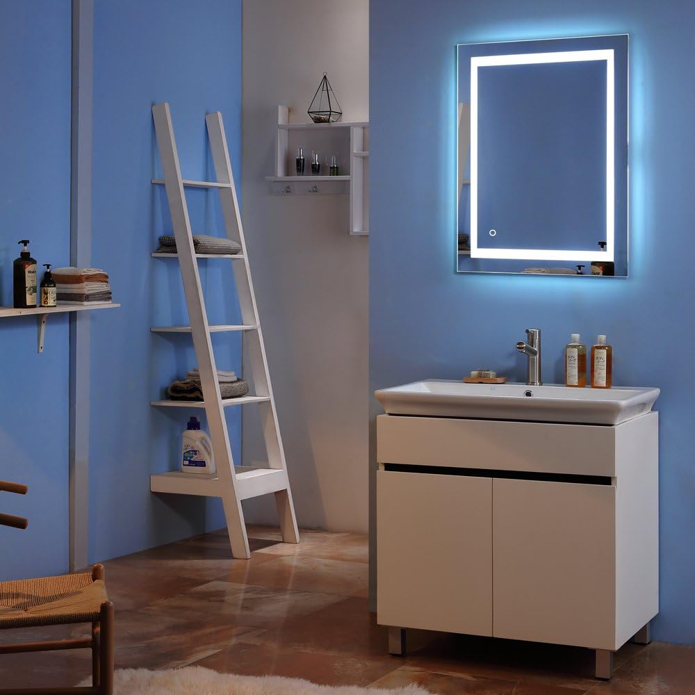 Tesmula gt2-LC – Espejo de baño con tira de luz cuadrada incorporada, 28 x 20 pulgadas, color plateado