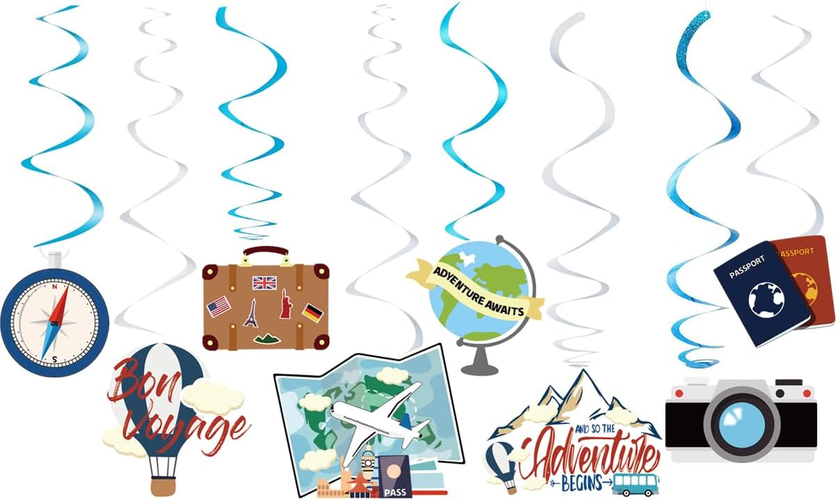 30 decoraciones de fiesta de espirales colgantes con temática de viaje, suministros de fiesta para fiesta de cumpleaños, fiesta de jubilación,