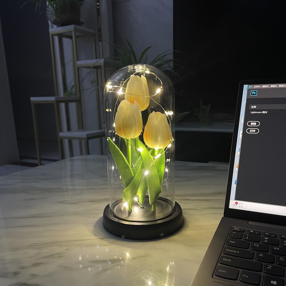 Lámpara LED de tulipán, luz nocturna de flores artificiales, hecha a mano, tulipanes iluminados en cúpula de cristal, lámpara de mesa, decoración de