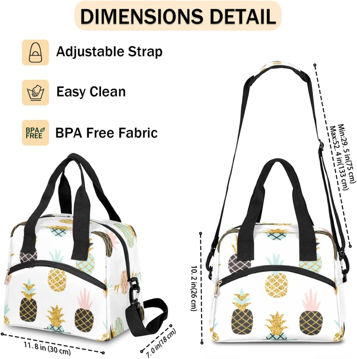 Bolsa de almuerzo aislada para mujeres y hombres, colorido patrón de piña a prueba de fugas, bolsa de almuerzo grande reutilizable para adultos con