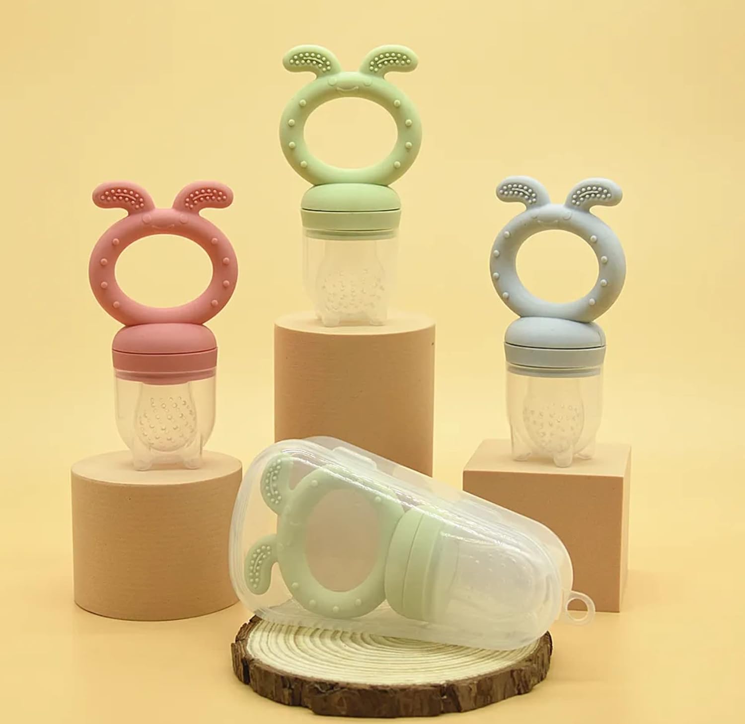 Chupete de silicona sin BPA para dentición de frutas frescas con tres tamaños diferentes de pezón, tapa de chupete y funda protectora en rosa, gris