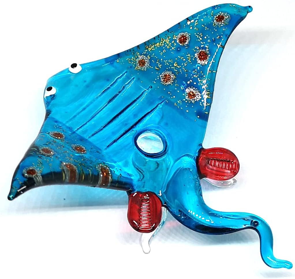 ZOOCRAFT Figura de cristal de mantarraya azul soplado a mano, adorno coleccionable para acuario en miniatura, decoración costera, 3.0 x 3.1 x 1.3