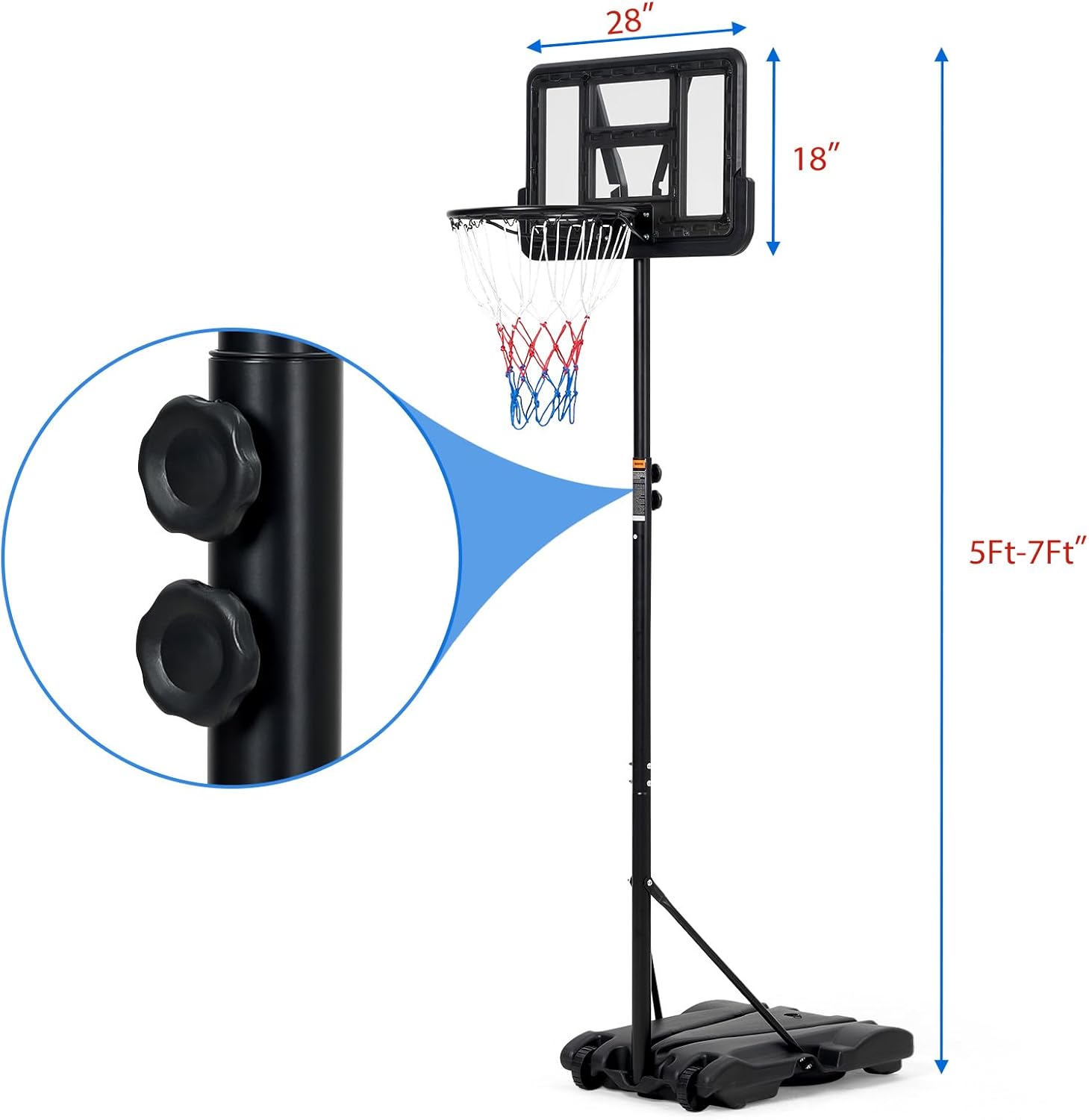 Aro de baloncesto de altura ajustable para niños, sistema de tablero portátil con 2 ruedas, aro de baloncesto para piscina de 5 a 7 pies, tablero