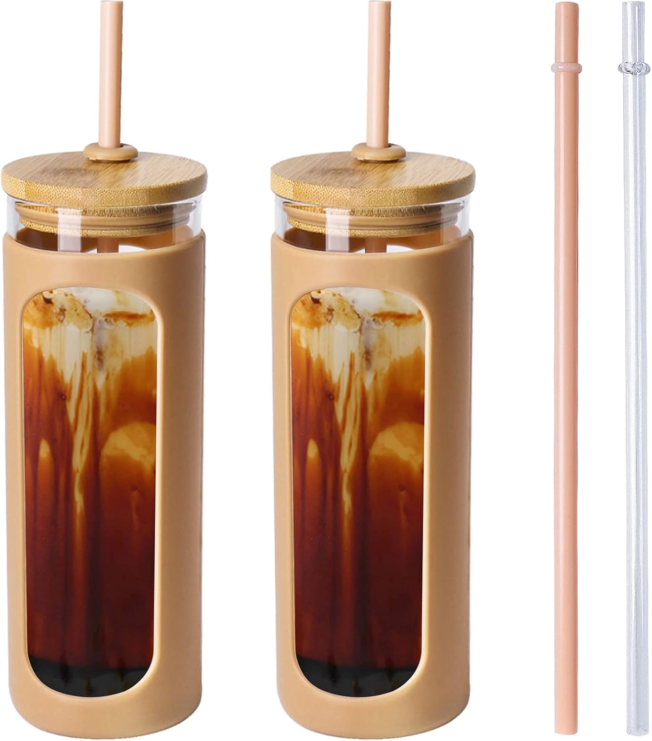 Kodrine – Botella de agua de vidrio de 24onzas con popote y tapa, vaso para licuados de boca ancha, funda protectora de silicona libre de BPA, color