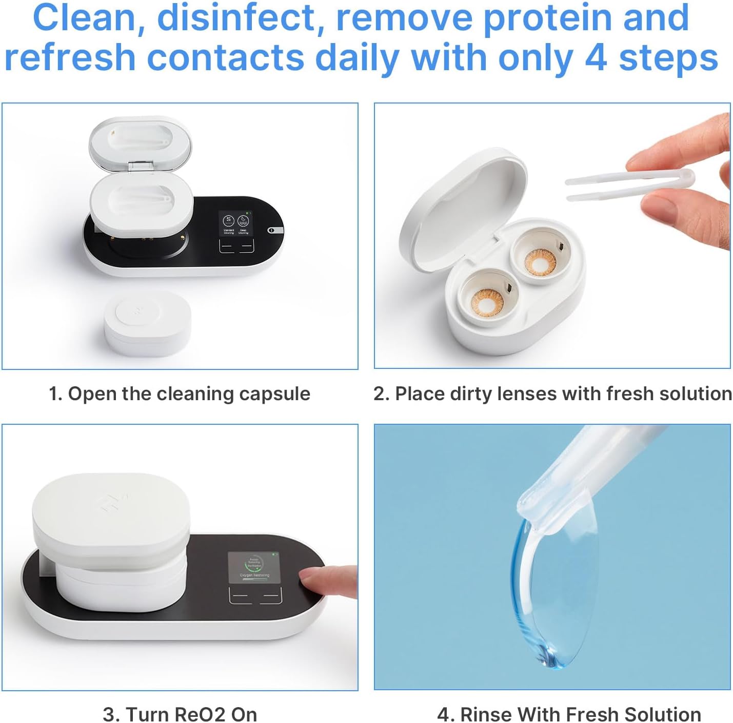3N Limpiador de lentes de contacto ReO2, tecnología de electroforesis, aprobación FDA 510K, con espejo y pinzas, limpieza profunda diaria