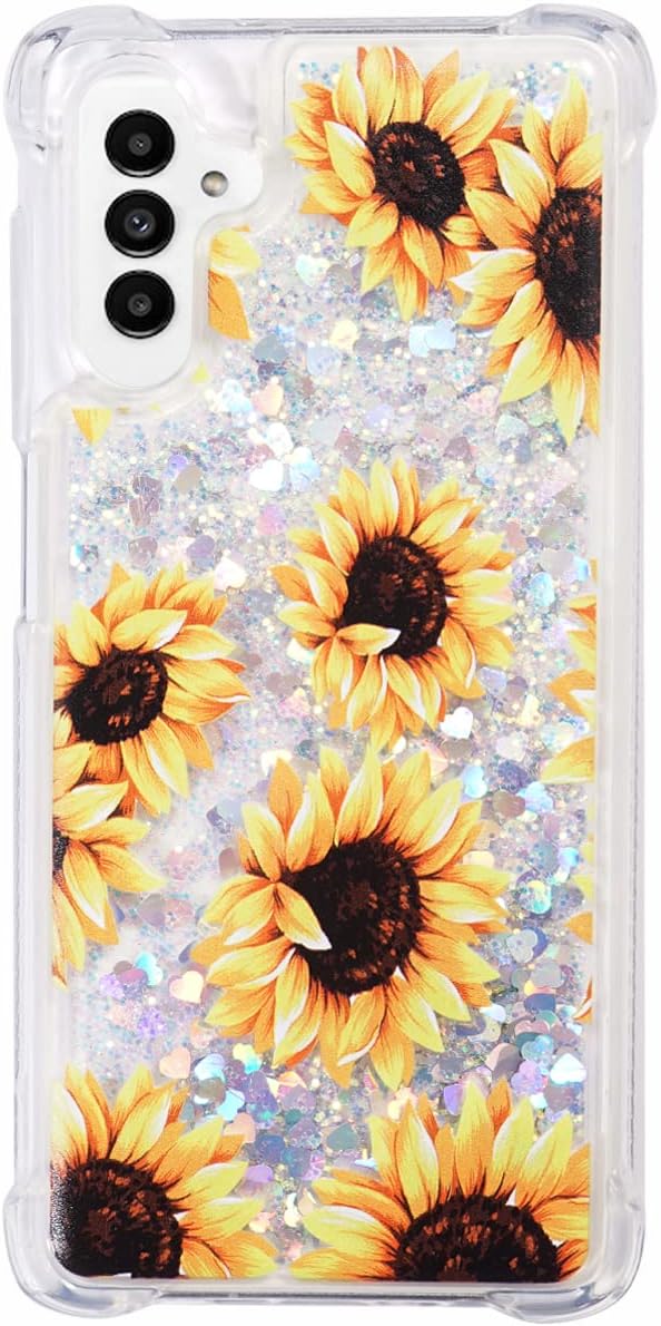 FLOCUTE Funda para Galaxy A13, Galaxy A13 con purpurina floral, transparente, brillante, líquido, suave, cojín de TPU suave, a la moda, para mujer,