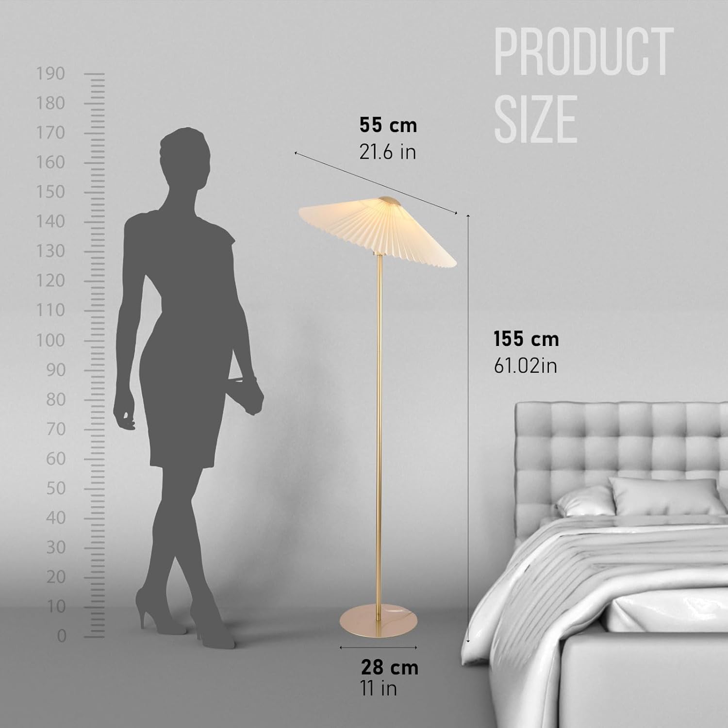 KUNJOULAM Lámpara de pie plisada, lámparas de pie de poste dorado, lámpara alta de diseño simple con pantalla beige, lámpara de pie para sala de