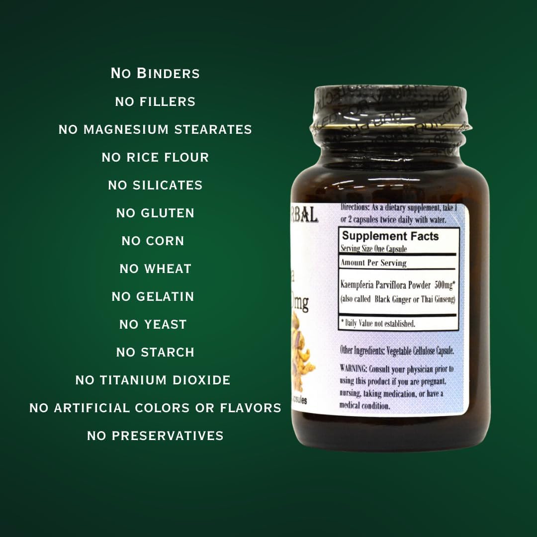 Barlowe’s Herbal Elixirs Kaempferia Parviflora Suplemento – Apoyo natural para vitalidad y bienestar – 60 500 mg VegiCaps – Sin estearato