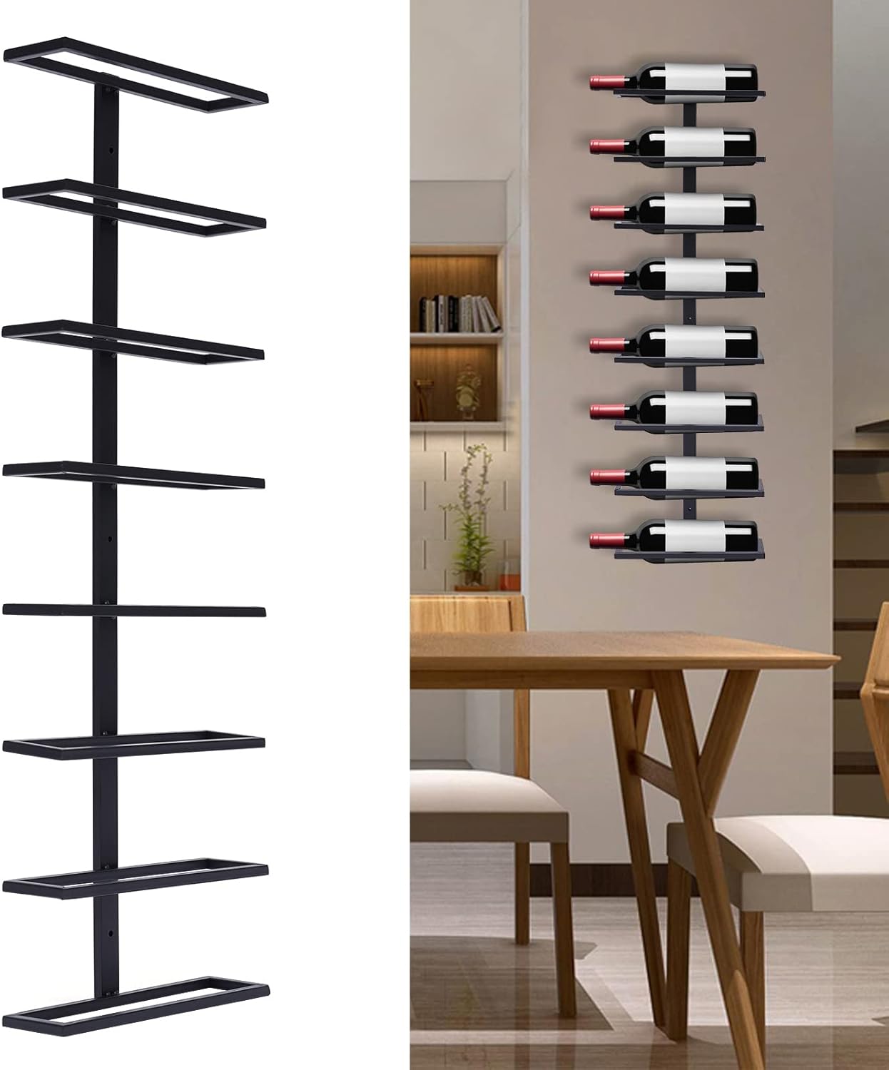 LEYSRIS Estante de vino de pared de 8 niveles, fácil acceso, almacenamiento de metal para vino negro, ahorro de espacio, con 8 botellas