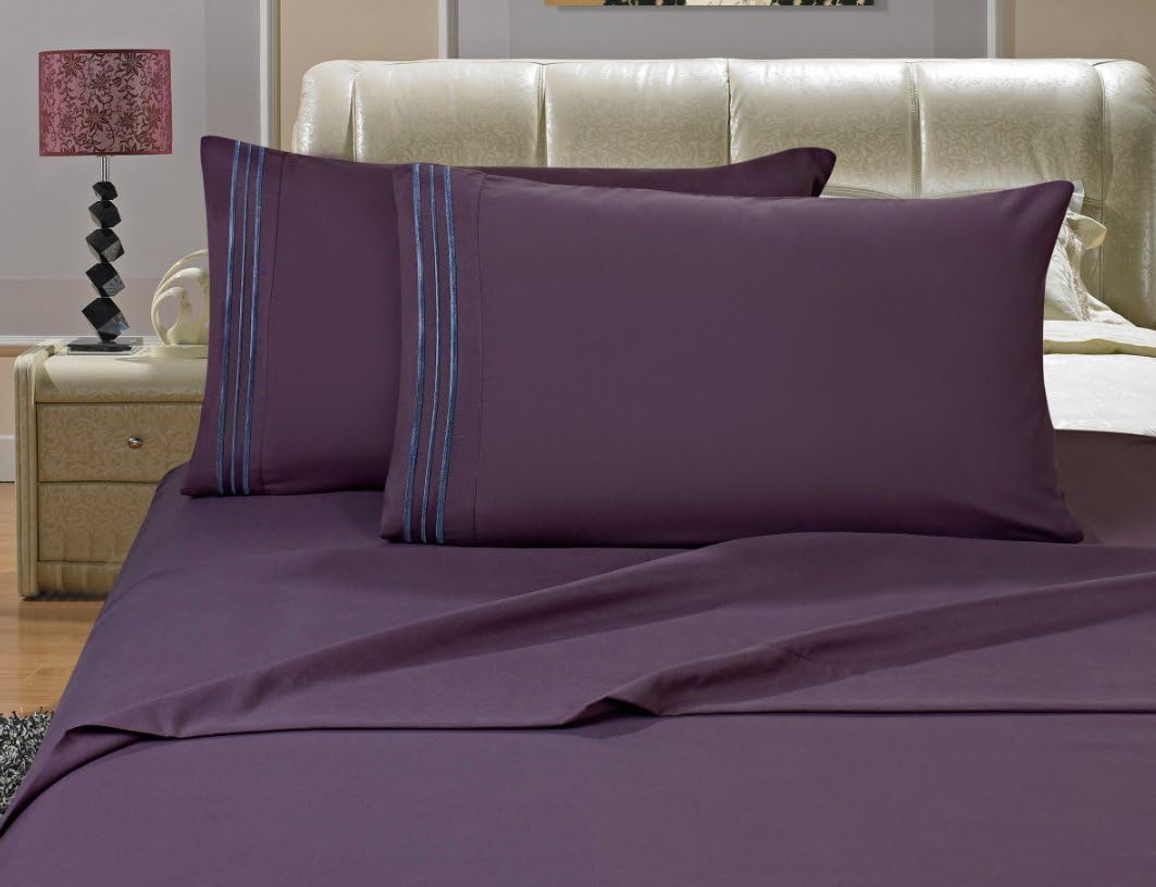 Elegance Linen Wrinkle-Free- 1500 Thread Count California King Size Luxury Silky Soft Weave 4pcs Sheet Set Deep Pocket Up to 16″ – Purple