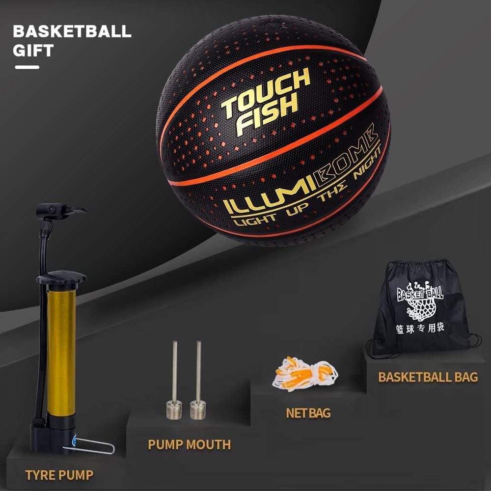 Baloncesto de cuero compuesto LED de carga inalámbrica tamaño 7 con 2 bolsas de baloncesto y 1 bomba, ilumina la noche, regalo creativo para juegos