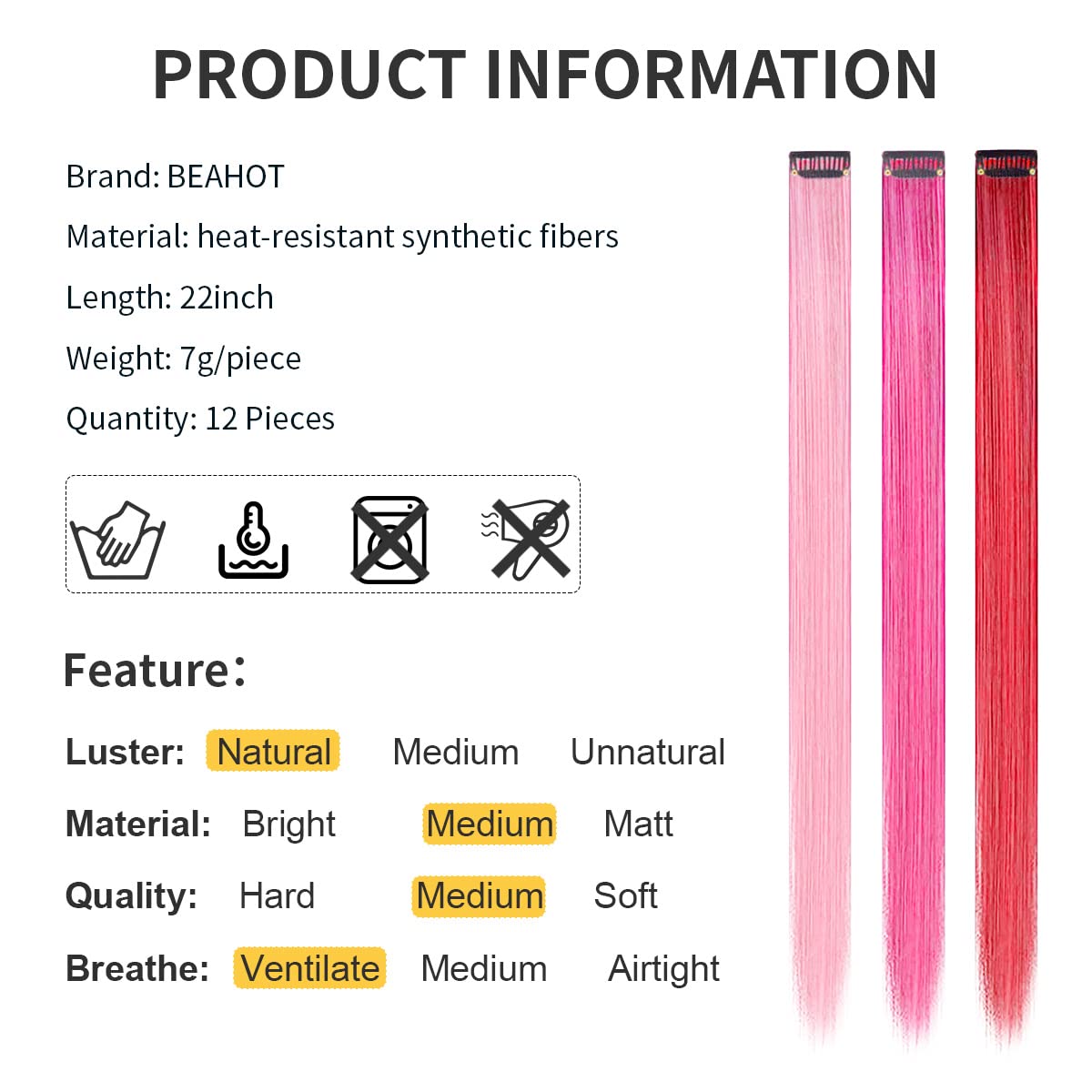 12 extensiones de cabello con clip de colores, para BEAHOT de 22 pulgadas, extensiones largas y rectas con clip sintético, Halloween, cosplay,
