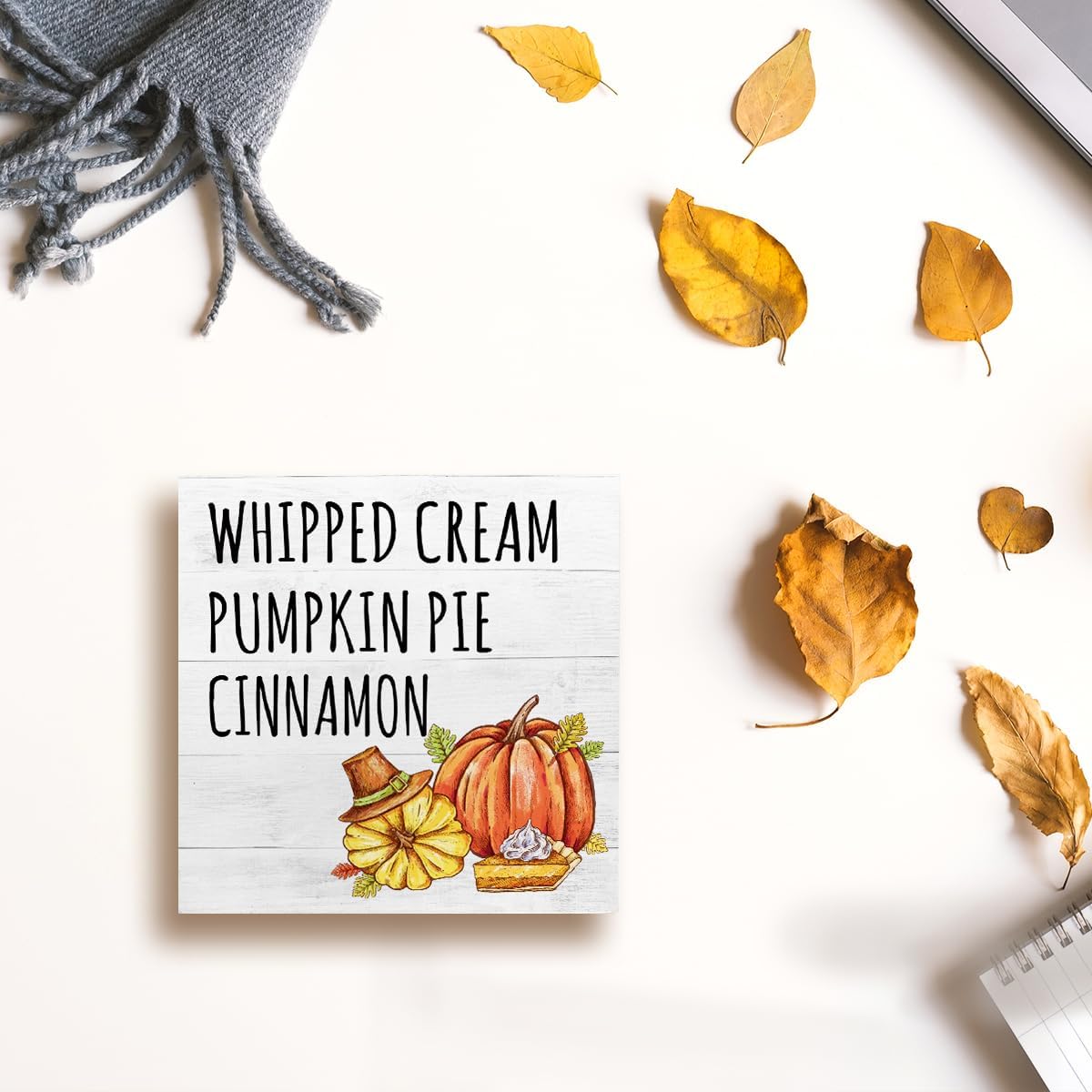 Decoración de escritorio de otoño, letrero de madera de canela, pastel de calabaza batida, crema batida, letreros de madera de calabaza de otoño,