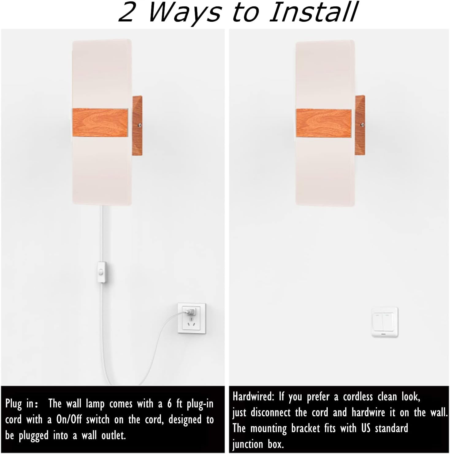 AUSLEUCH Paquete de 2 apliques de pared enchufables, lámpara de pared LED moderna para interiores, lámpara de pared cableada de 12 W para