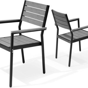 Pellebant Juego de 2 sillas de comedor apilables para exteriores, marco de aluminio con asiento y respaldo compuesto de plástico de madera, para Pellebant Juego de 2 sillas de comedor apilables para exteriores, marco de aluminio con asiento y respaldo compuesto de plástico de madera, para