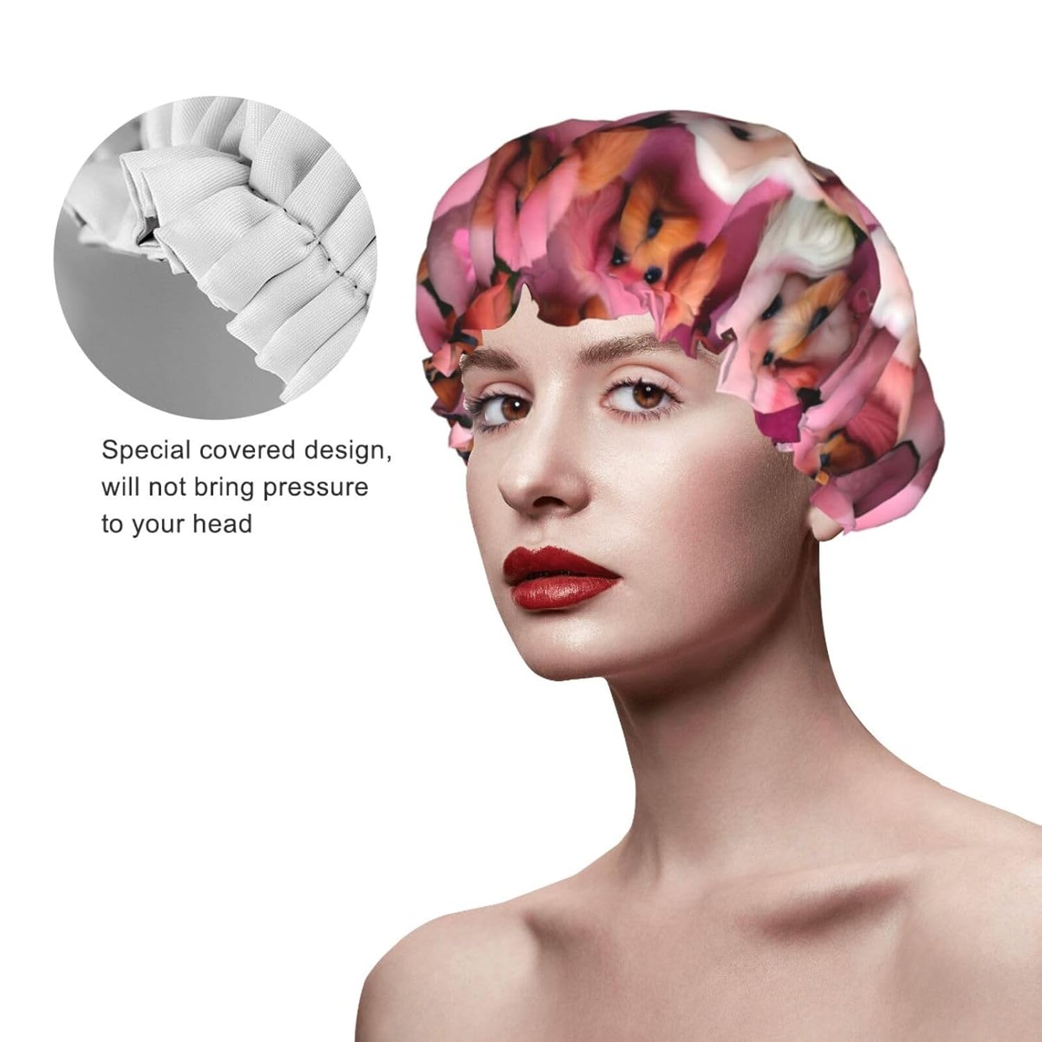 Gorro de ducha reutilizable con estampado de caniches rosados para mujer, doble capa impermeable, gorro de baño de secado rápido