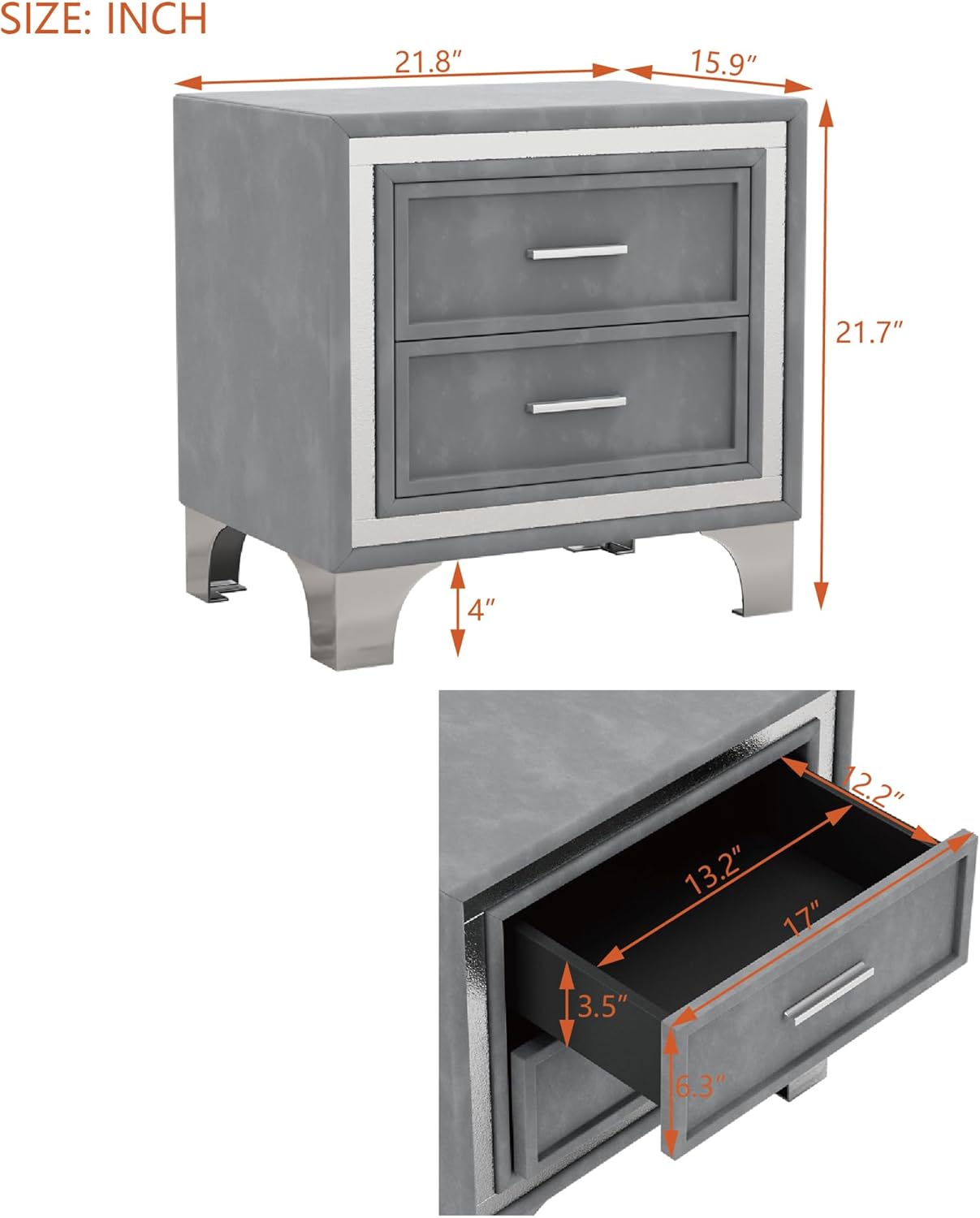 SOFTSEA Mesita de noche de terciopelo con 2 cajones, moderna mesita de noche tapizada con almacenamiento, mesa auxiliar con tira de purpurina