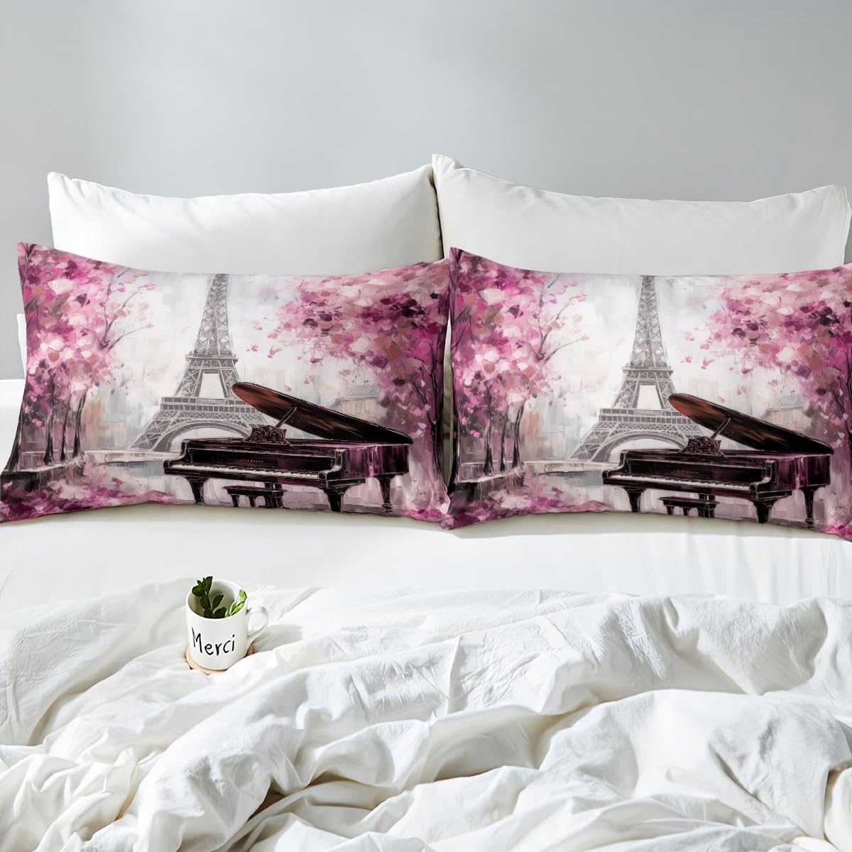Juego de funda de edredón de la Torre Eiffel tamaño Queen para niñas y adolescentes, juego de ropa de cama con diseño de flores de cerezo rosa,