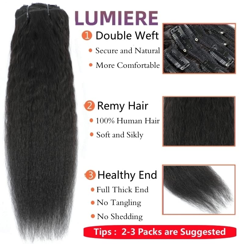 LUMIERE Yaki – Extensiones de cabello lacio con clip, grado 10A, cabello Remy brasileño con 20 clips, tramas dobles gruesas y suaves, color negro