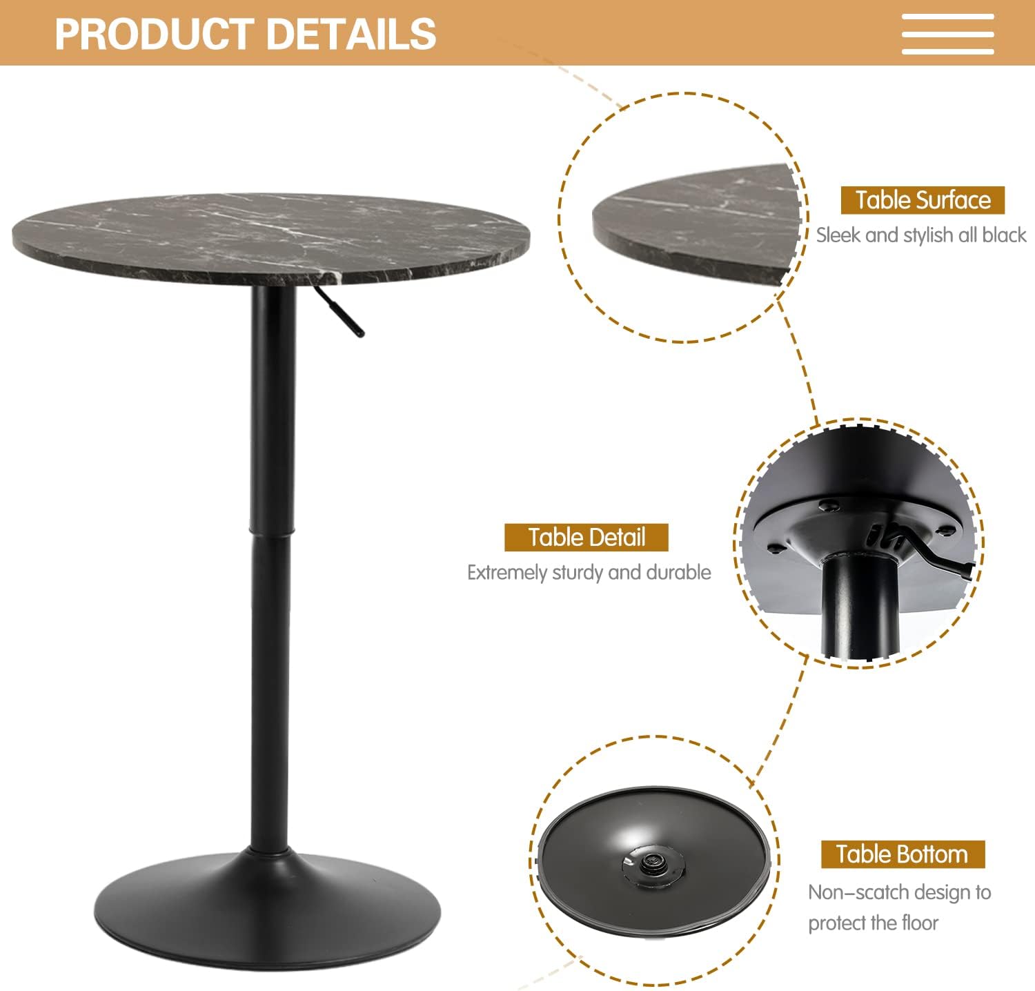 Mesa de bar de 23.6 pulgadas, altura de barra, mesa de centro redonda de bar, mesa de comedor, mesa de cocina, desayuno, mesa de bar para sala de