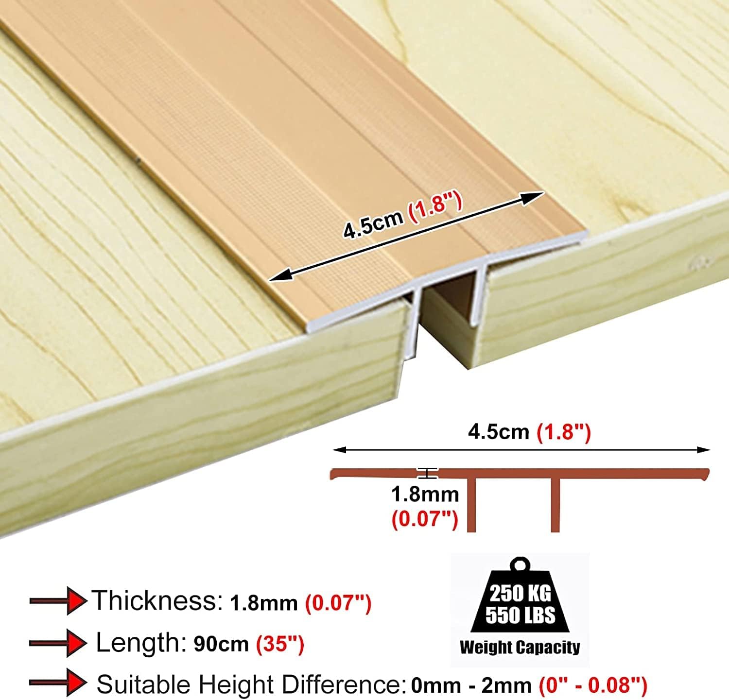 T-Shaped Threshold Strips Flooring Transition Strip Non-Slip Transition Bars Floor Reducer Vinyl Edge Trim for Interior Doors