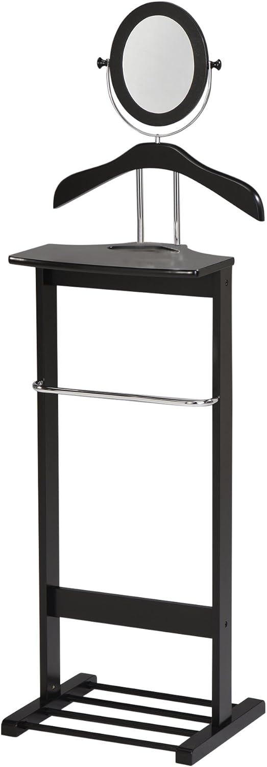 Kings Brand Furniture – Soporte de valet de madera para vestuario, perchero para ropa, corbata, colgador de cinturón y zapatero, negrocromo