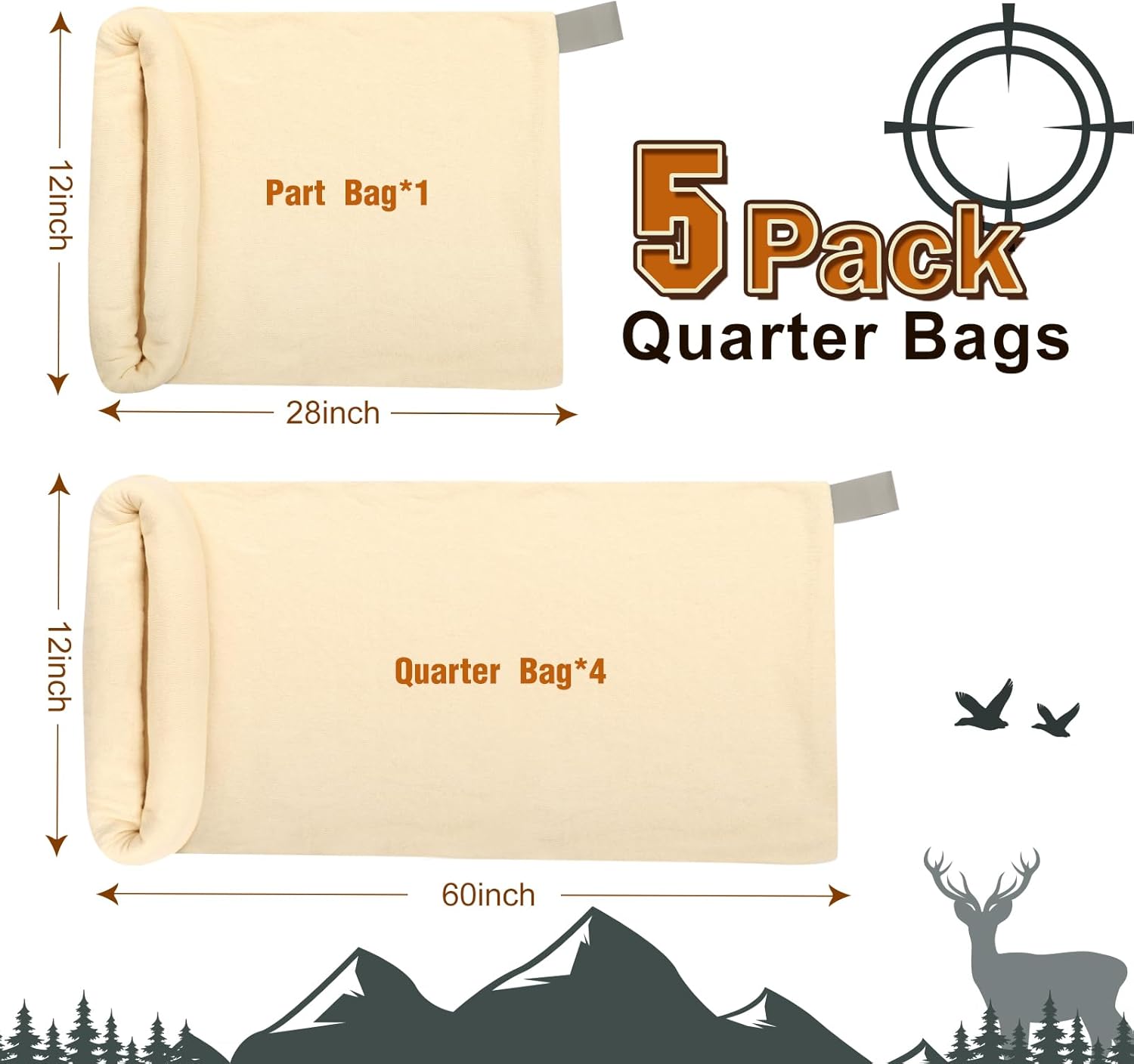 Reusable Elk Game Bags Hunting Meat, 5-Pack Meat Game Bags, Rolled Heavy Duty Quarter Bags, Big Game Bags for Elk, Caribou, Deer