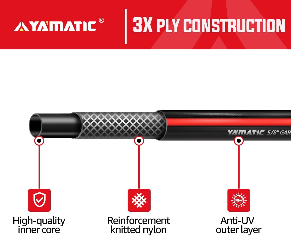 YAMATIC Manguera de jardín de 25 pies, manguera de agua ultra duradera, manguera regular de 58 pulgadas con conector de latón macizo para todo tipo
