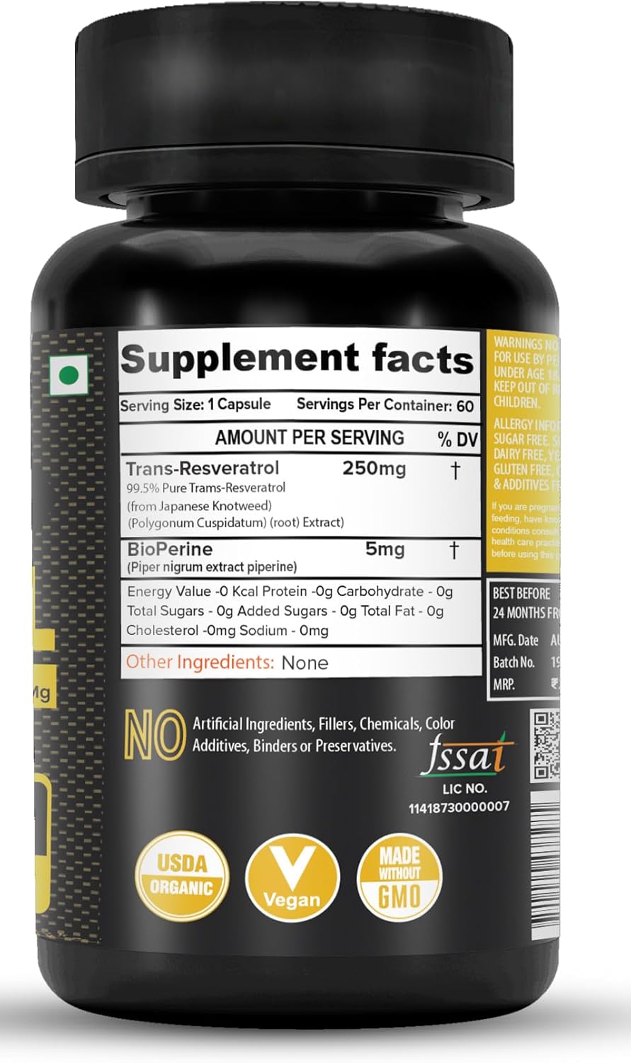 NutriJa Cápsulas de resveratrol Trans de 250 mg  99.5% puro micronizado y altamente suplemento que ayuda a ralentizar el envejecimiento, potente