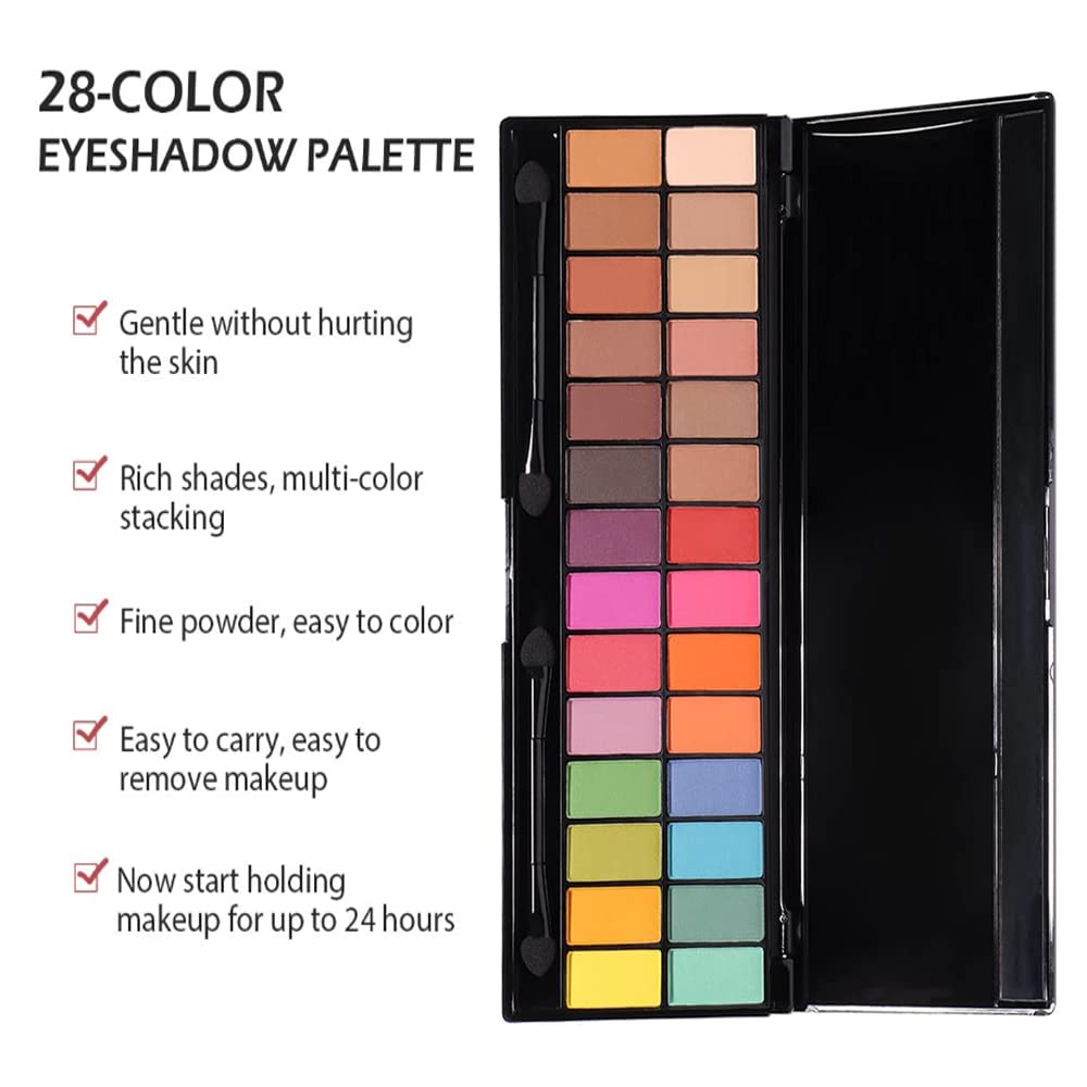MEIBANFA Paleta de sombras de ojos de 28 colores, paleta de maquillaje de ojos, mate, brillante, duradera, impermeable, con cepillo de espejo,