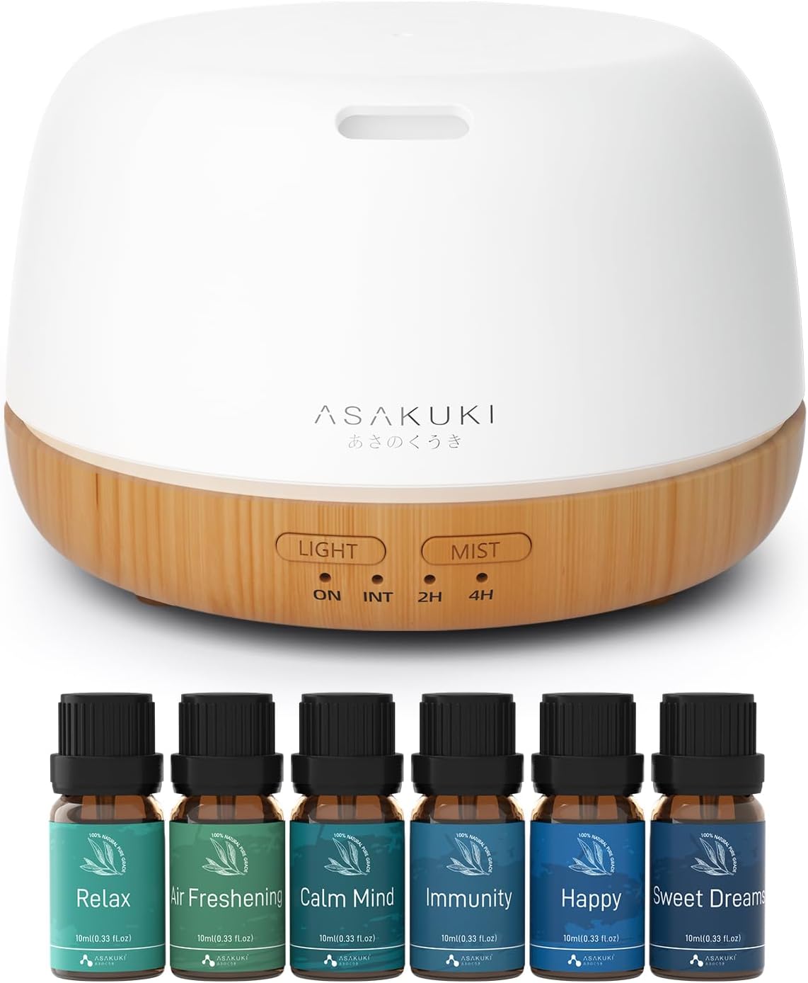 ASAKUKI Difusor de aceite esencial con mezcla de aceites esenciales, 10.1 fl oz, pequeño difusor de aroma lindo con luz LED de 7 colores