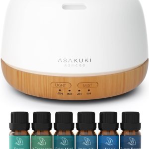 ASAKUKI Difusor de aceite esencial con mezcla de aceites esenciales, 10.1 fl oz, pequeño difusor de aroma lindo con luz LED de 7 colores ASAKUKI Difusor de aceite esencial con mezcla de aceites esenciales, 10.1 fl oz, pequeño difusor de aroma lindo con luz LED de 7 colores