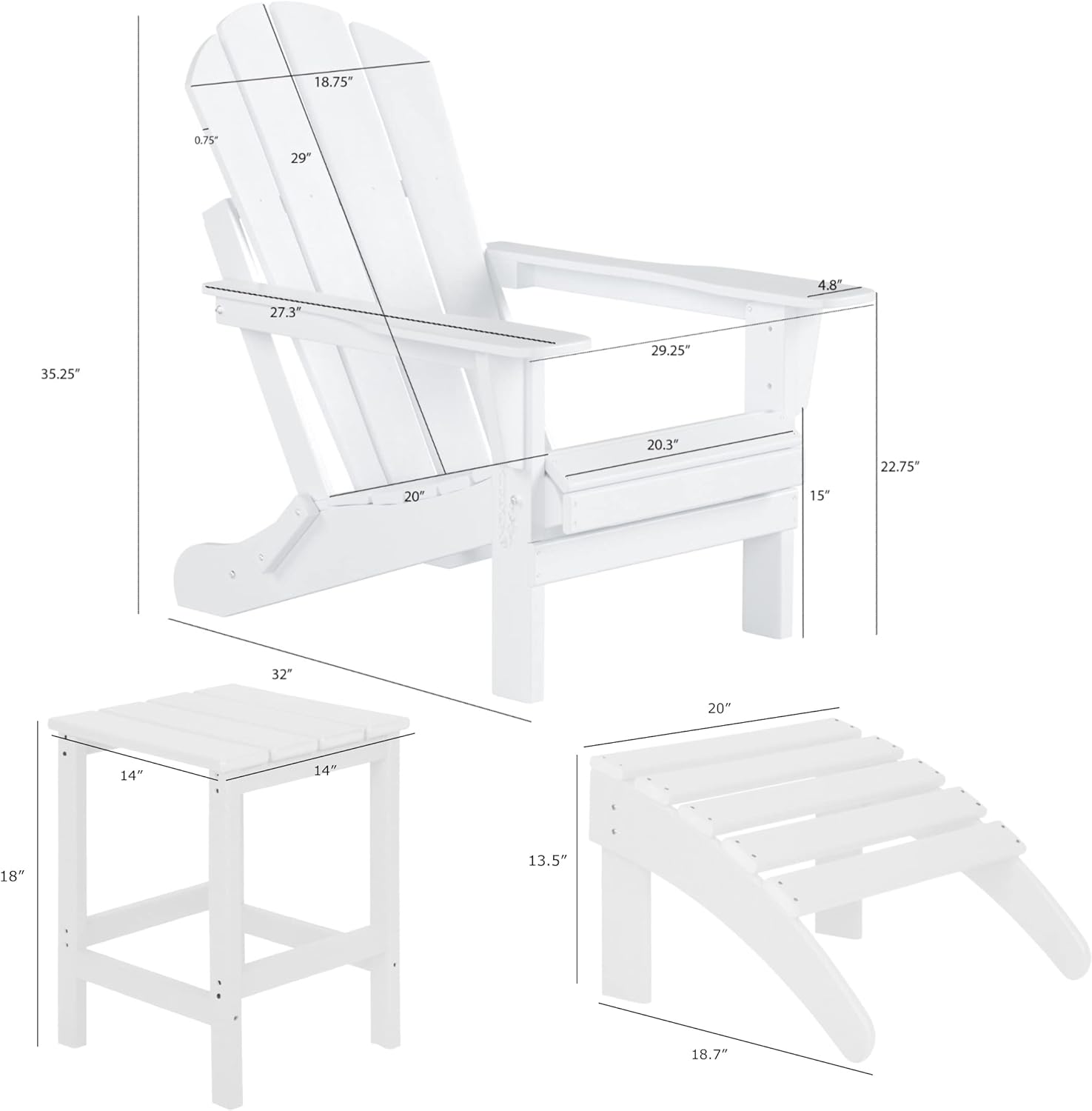 WestinTrends Malibu – Sillas de salón para exteriores, juego de 3 sillas Adirondack con otomana y mesa auxiliar, silla plegable de madera de