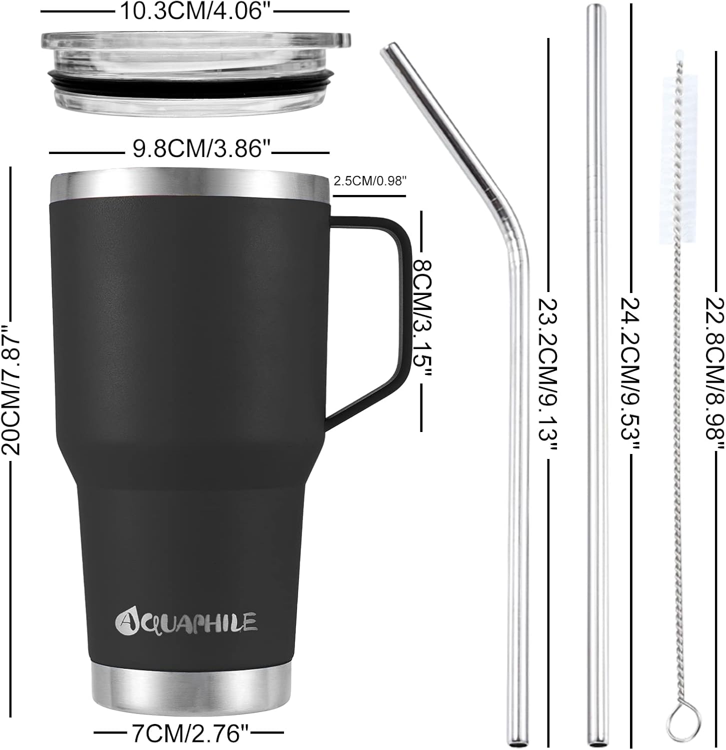 AQUAPHILE Taza de café aislada de acero inoxidable de 30 onzas con asa, taza de viaje al vacío de doble pared con tapa y pajita, taza de café
