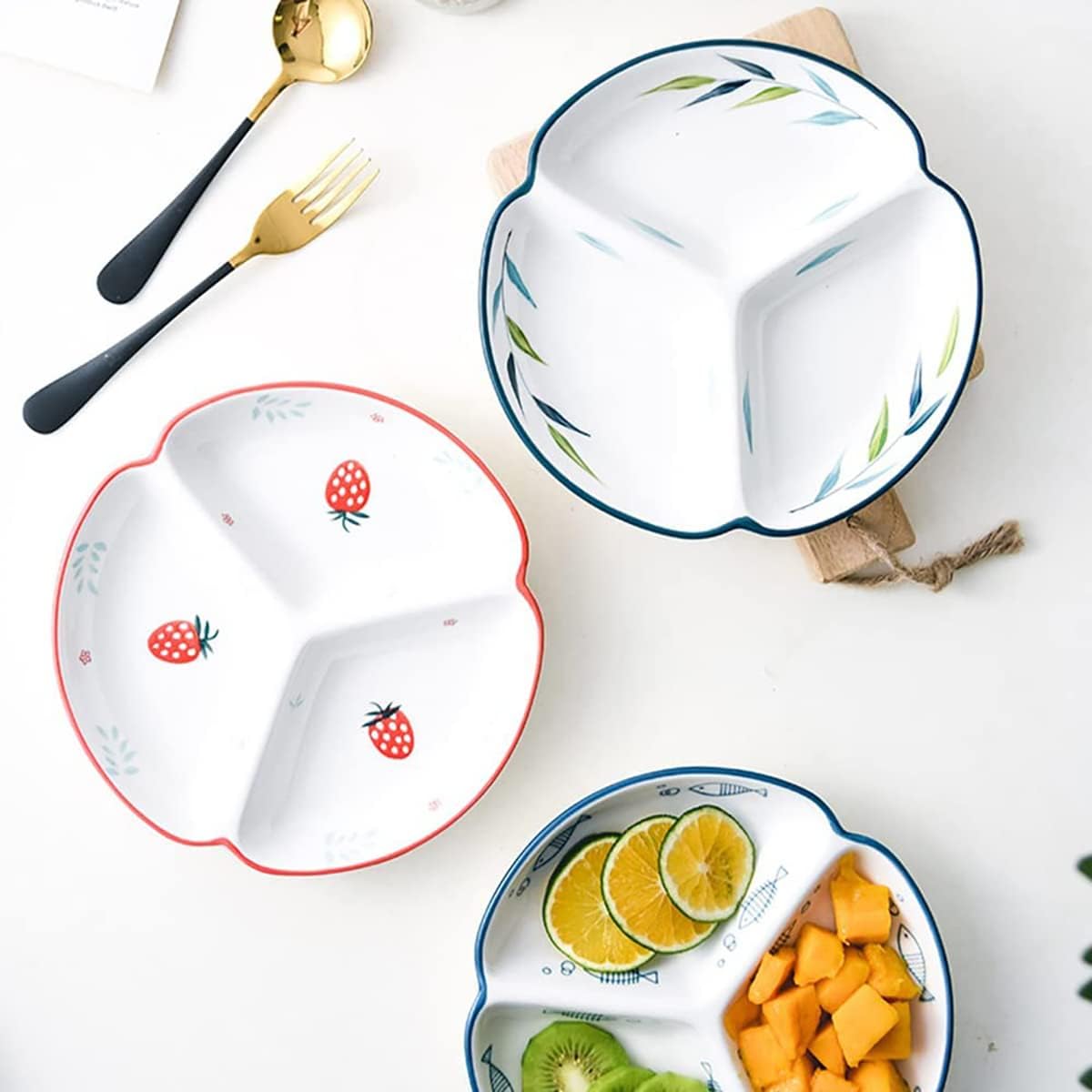 Plato de cerámica para control de porciones, platos divididos para platos de postre, platos llanos para aperitivos, plato de ensalada, bandejas para