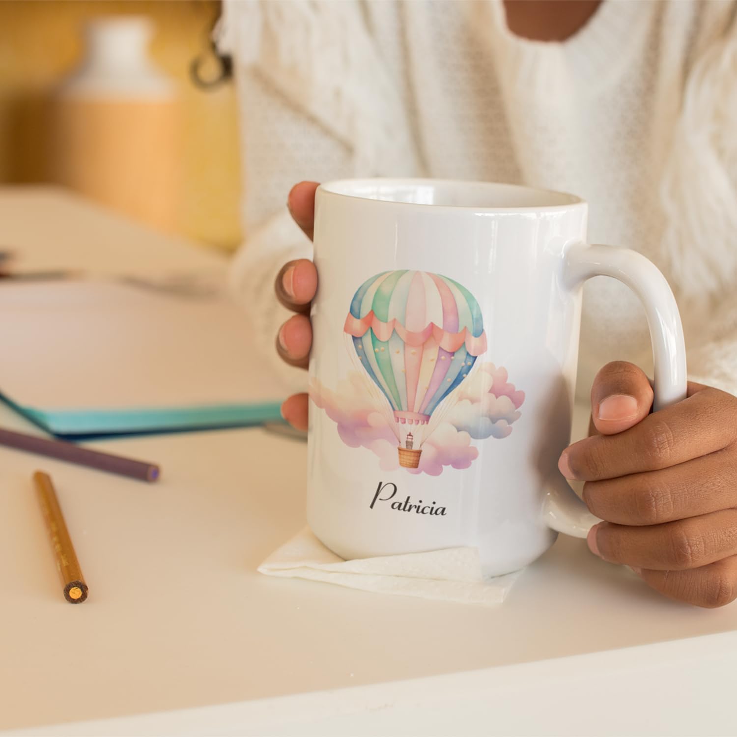 Nombre personalizado Tazas de café para niños, Tazas de café personalizadas pastel colorido globo de aire caliente, Tazas de café y té de chocolate