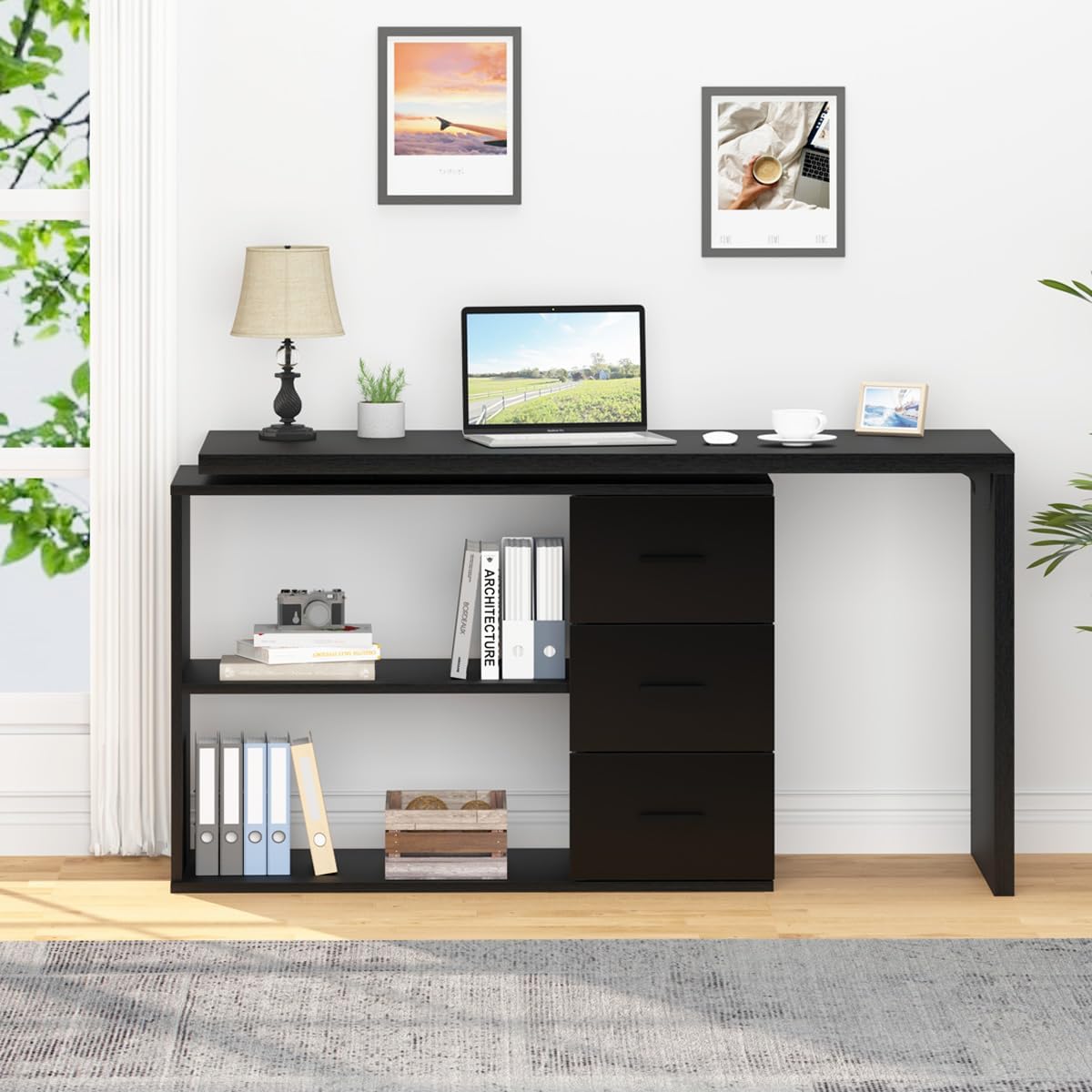 HSH Escritorio negro en forma de L con estantes de cajones, escritorio giratorio de 360 grados para oficina en casa en forma de L con gabinete de