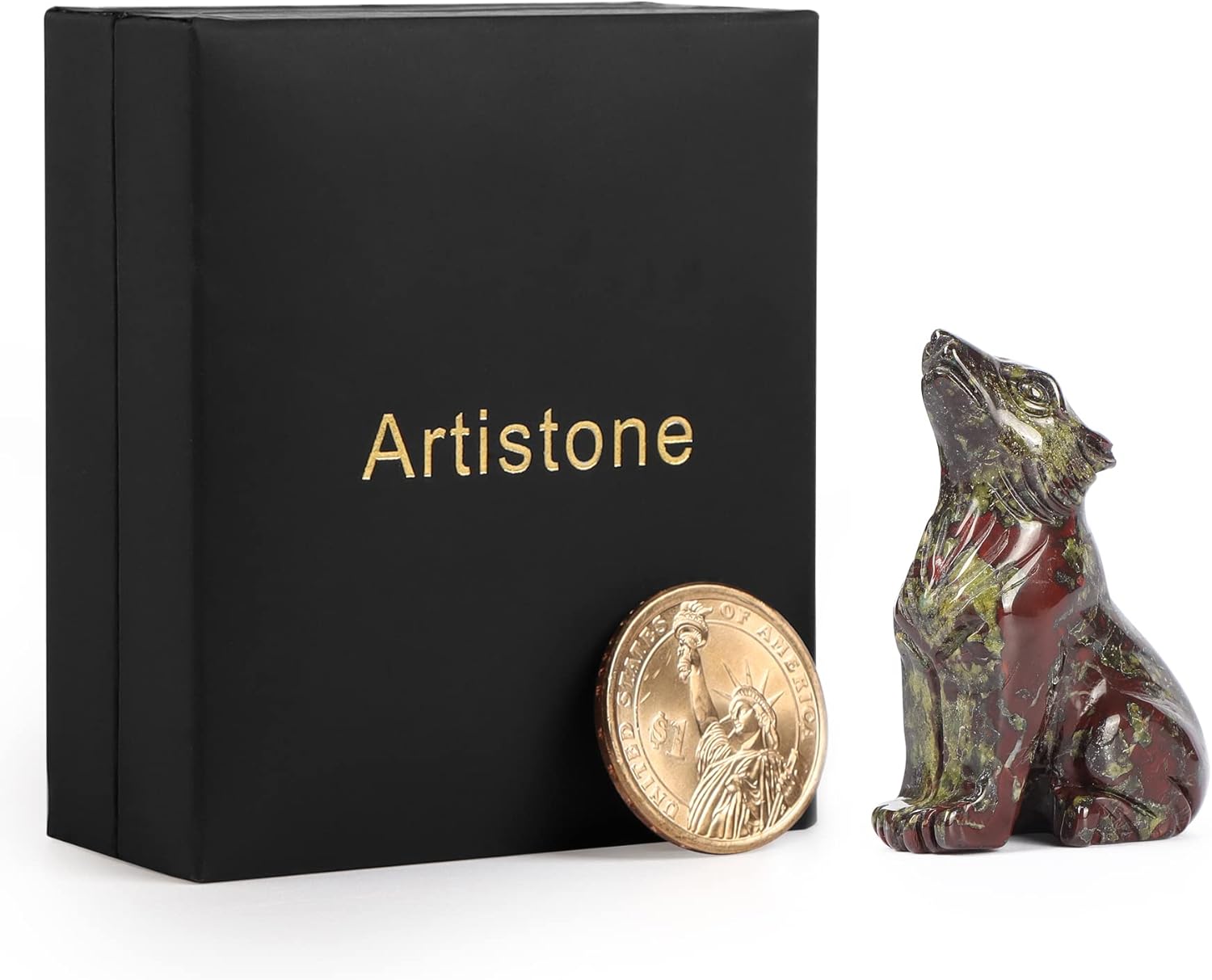 Artistone Estatua de lobo de cristal de 2.0 pulgadas, piedra de sangre de dragón anhelada a mano, escultura de animal, piedra curativa para
