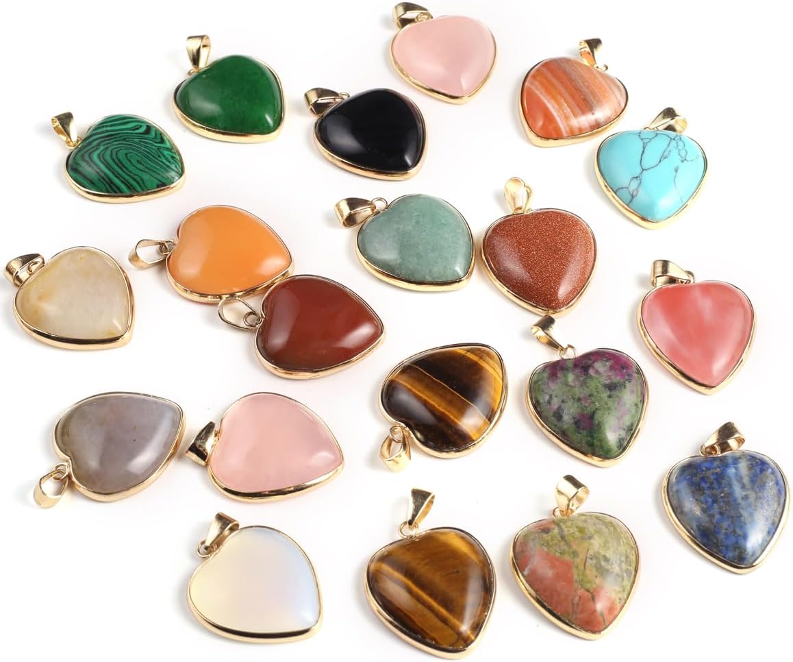 6 colgantes de piedra natural, colgantes de piedra de cristal en forma de corazón, dijes de piedras preciosas curativas de chakras y reiki, a granel