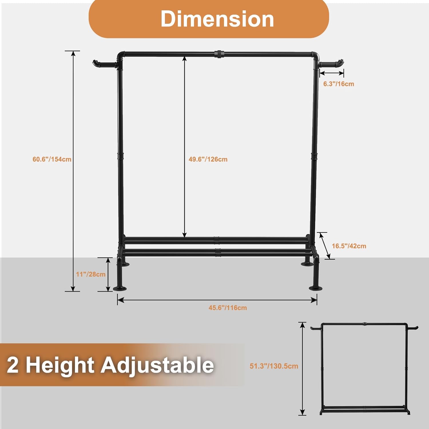 Oroonoko Perchero industrial para ropa, resistente, 45.6 pulgadas con 4 bases estables para exhibición de almacenamiento de zapatos de ropa (negro)