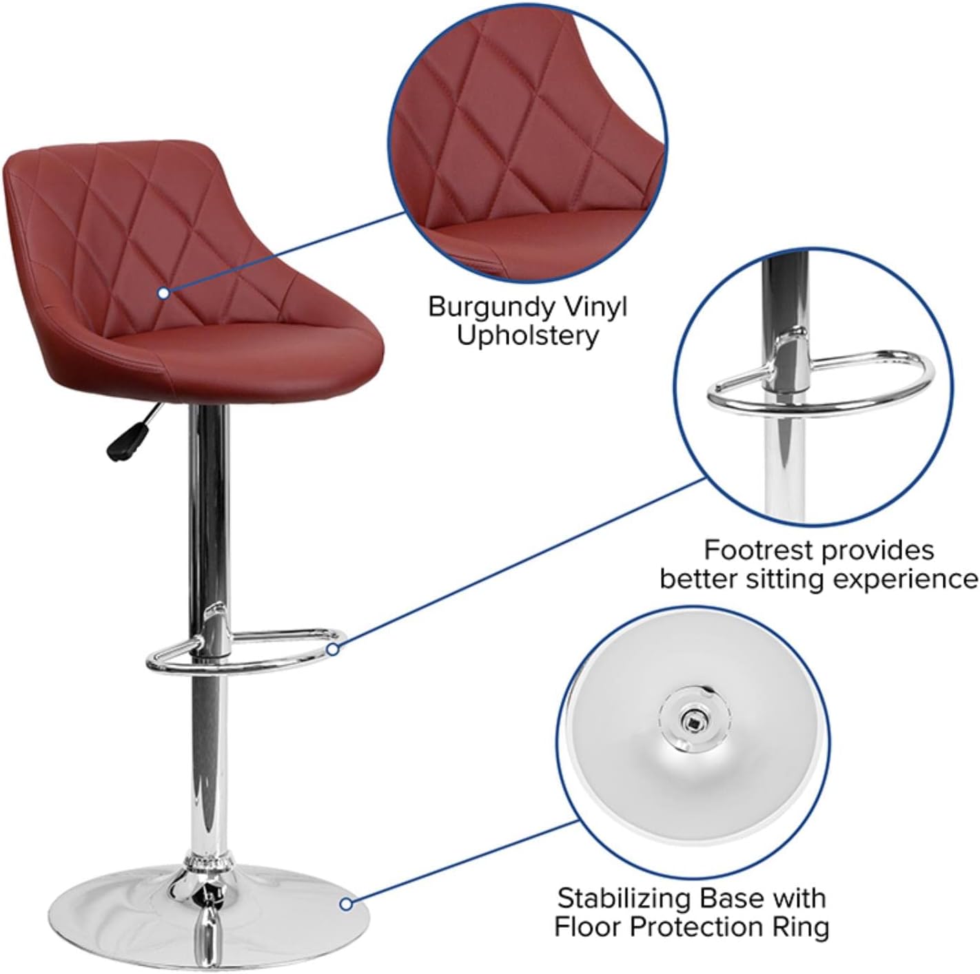Flash Furniture CH-82028A-BK-GG asiento de vinilo negro de diseño contemporáneo, banqueta alta ajustable con base cromada, Tela, Burgundy