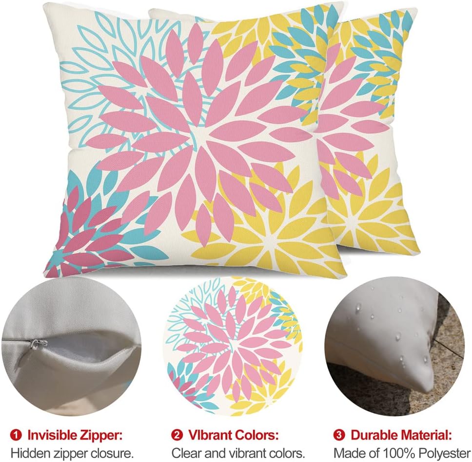 DFXSZ Juego de 2 fundas de almohada de 18 x 18 pulgadas con diseño de flores rosas, amarillas y azules, para exteriores, impermeables, para
