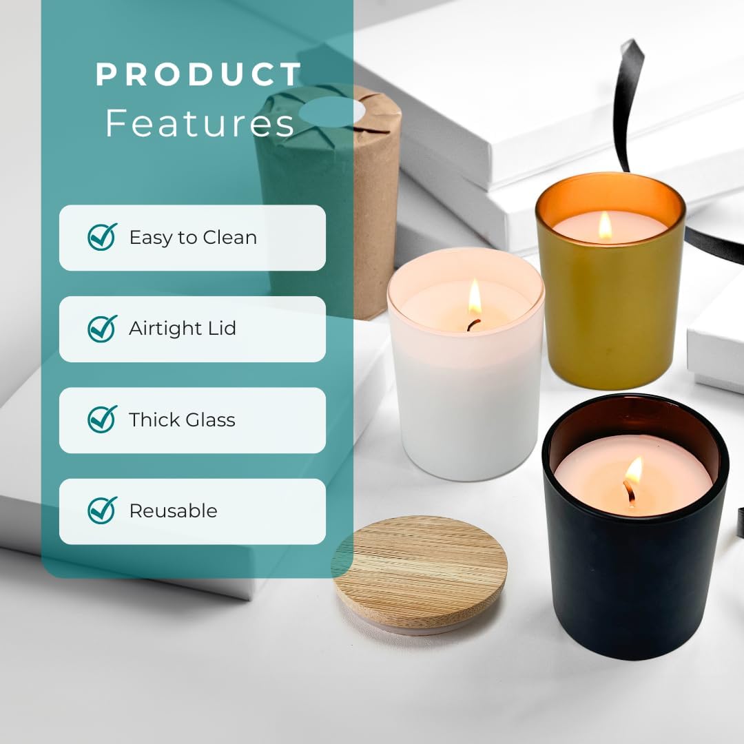 Vaso de vidrio de 8 fl oz, color negro con tapa de madera, paquete de 12 unidades para hacer velas