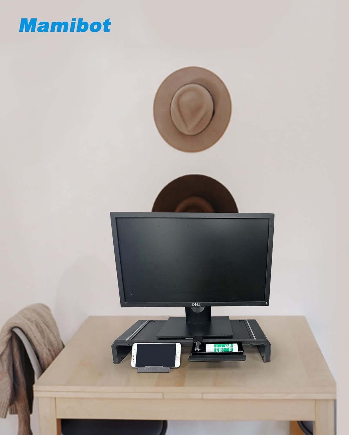 Mamibot Paquete de 2 soportes elevadores para computadora, soporte para laptop con cajón de almacenamiento, desmontable y apilable 2 en 1, soporte