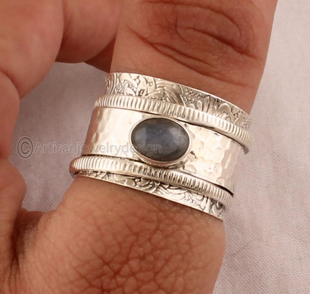 Natural Labradorite Ring, 925 Silver Ring, Handmade Spinner Ring, Spinner Band Ring Women, Antique Silver Ring, Statement Silver Ring, Blue Gemstone
