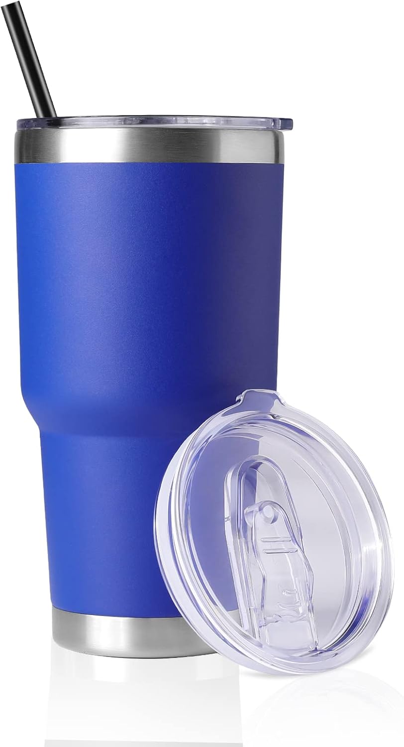 DOMICARE Vaso de 30 oz con tapa y pajita, vasos de acero inoxidable a granel, aislado al vacío de doble pared, taza para café de viaje, vaso