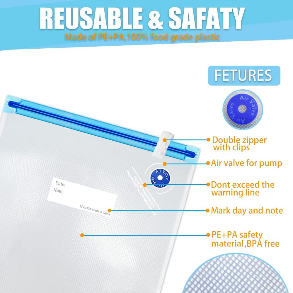 Daarcin Juego de 15 bolsas supergrandes para Sous Vide, bolsas selladoras al vacío reutilizables sin BPA y 2 clips de sellado para almacenamiento de