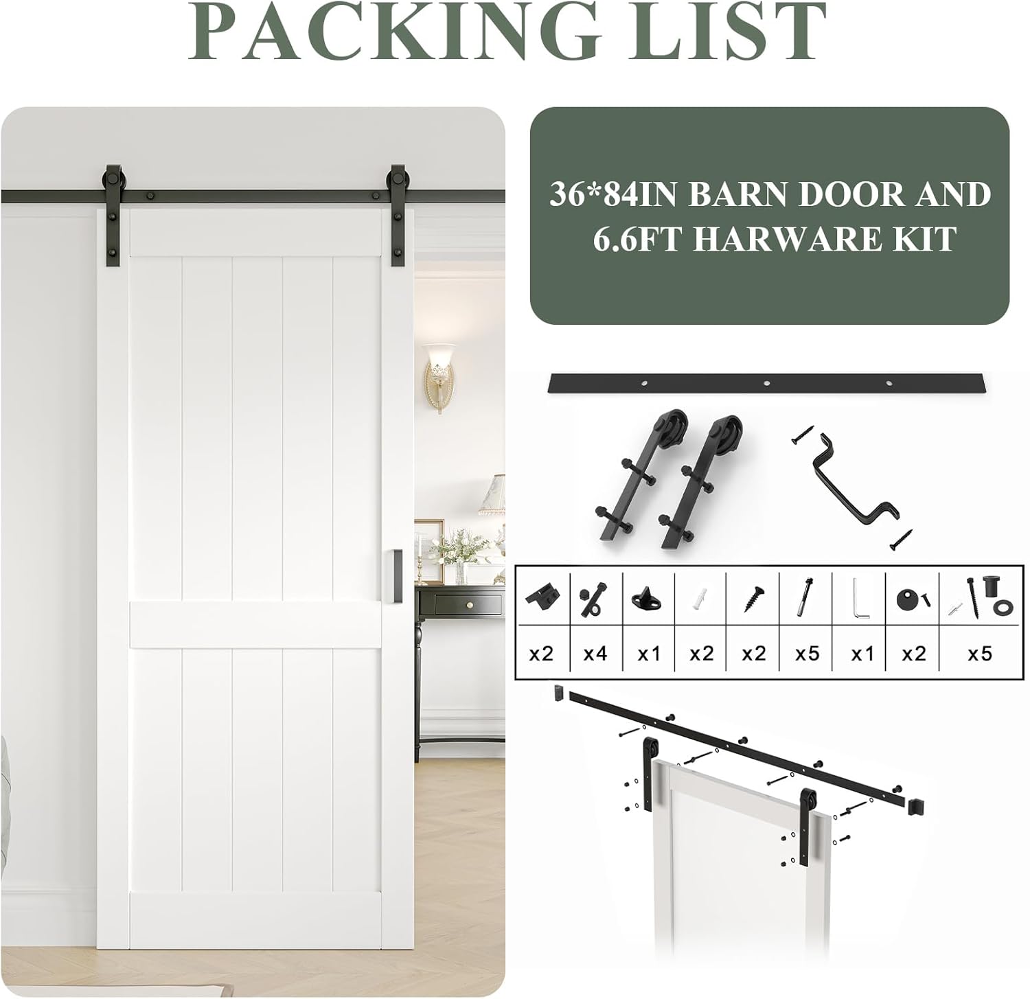 ARK DESIGN Puerta corredera de granero de 36 x 84 pulgadas con kit de herrajes para puerta corredera de 6.6 pies, agujeros preperforados de fácil